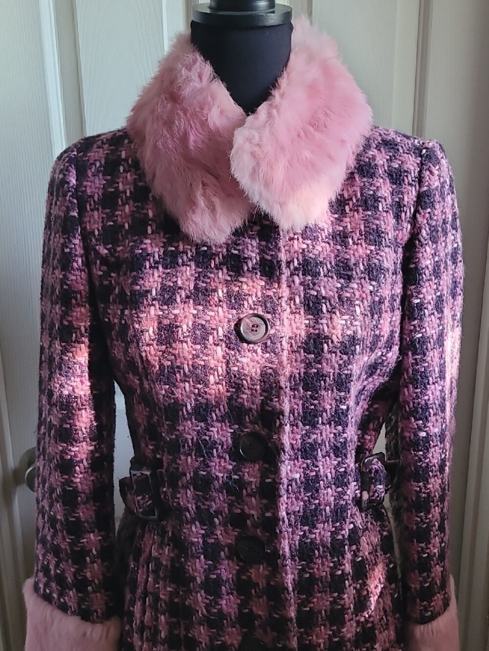 Guess Pink and PURPLE Houndstooth RABBIT Fur Trim Pea Coat SIZE M 45% WOOL - Picture 3 of 15